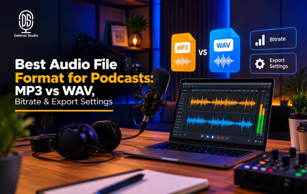 Best audio file format for podcasts comparison showing MP3 vs WAV, bitrate settings, and export configurations for creators