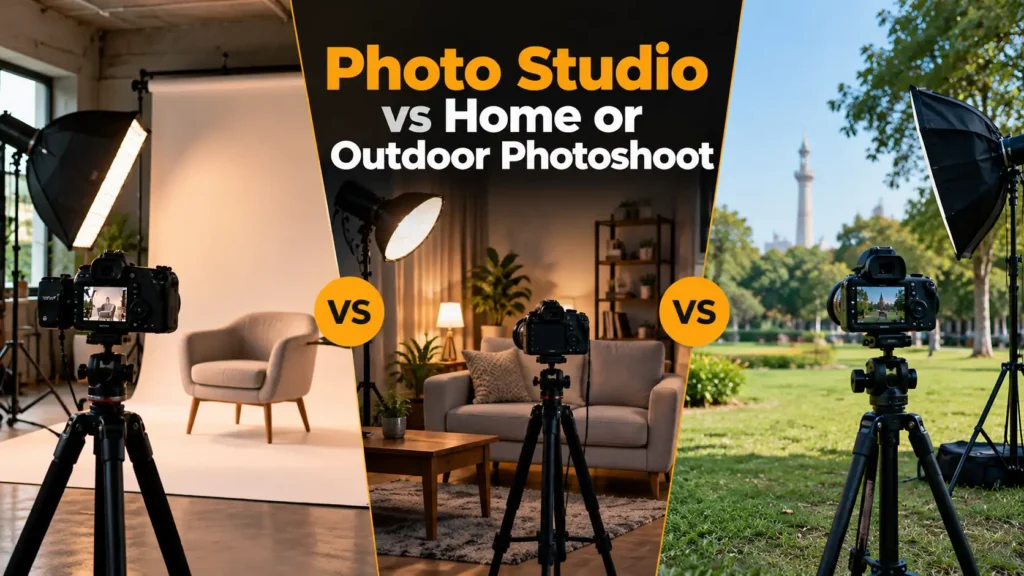 Photo studio vs home or outdoor photoshoot comparison guide showing lighting and background differences at Delenzo Studio in Lahore
