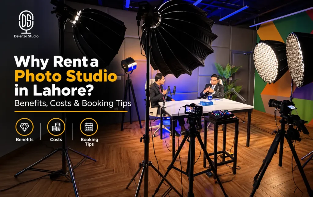 Professional photo studio rental setup with lighting equipment and backdrops at Delenzo Studio in Lahore