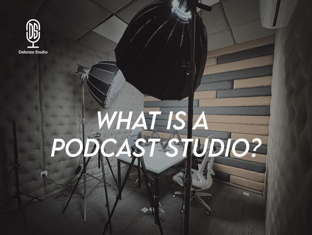 A professional podcast studio equipped with microphones, soundproofing, and recording gear