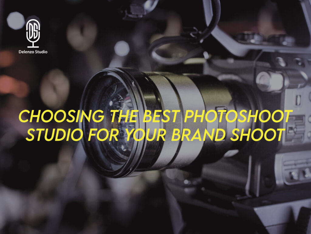 A professional photoshoot studio with high-end lighting, a backdrop setup, and a model posing for a shoot.