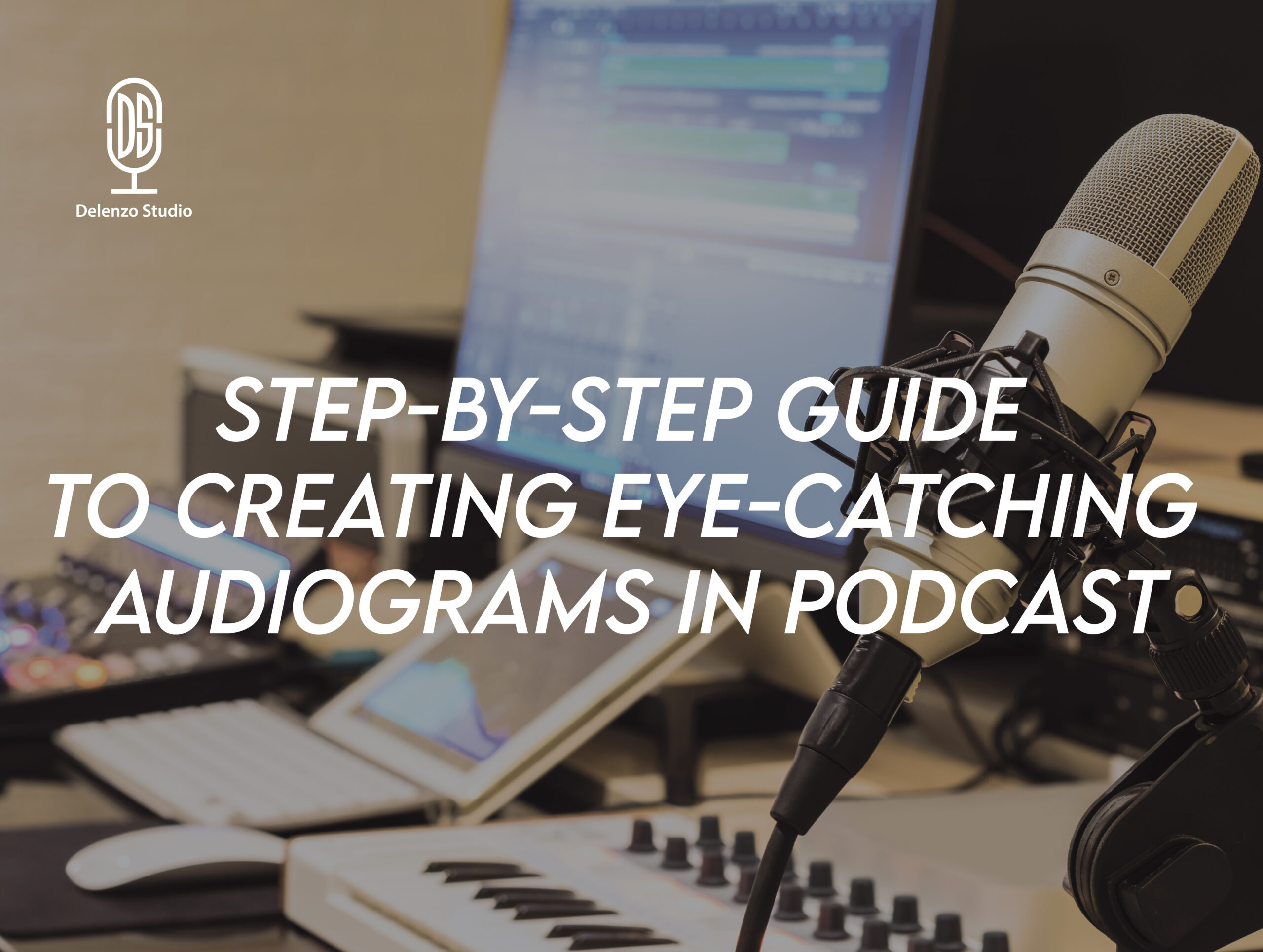 A podcaster creating an eye-catching audiogram on a laptop using audio waveforms and text overlays.