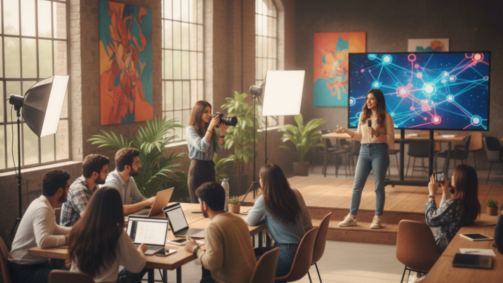 Influencer workshop in a professional Lahore studio with creators learning content skills