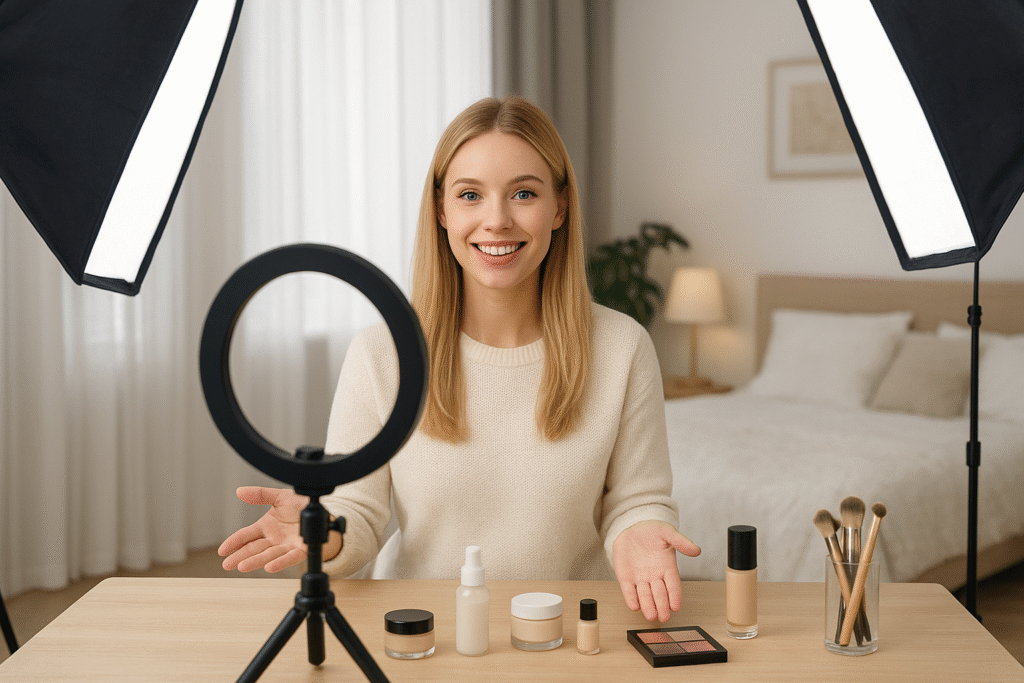 Woman recording a product shoot tutorial in a photography studio setup with lights and makeup items on table in a photostudio and photo shoot studio environment.