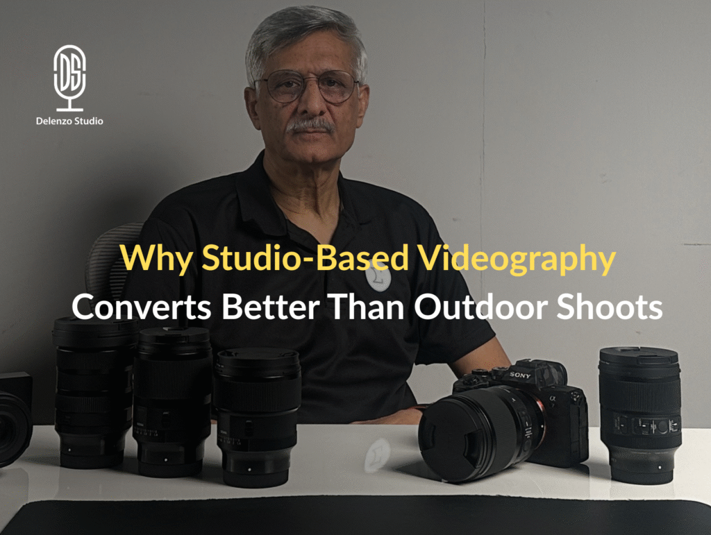 Professional studio-based videography setup with cameras, lighting, and backdrop showing higher quality video production than outdoor shoots