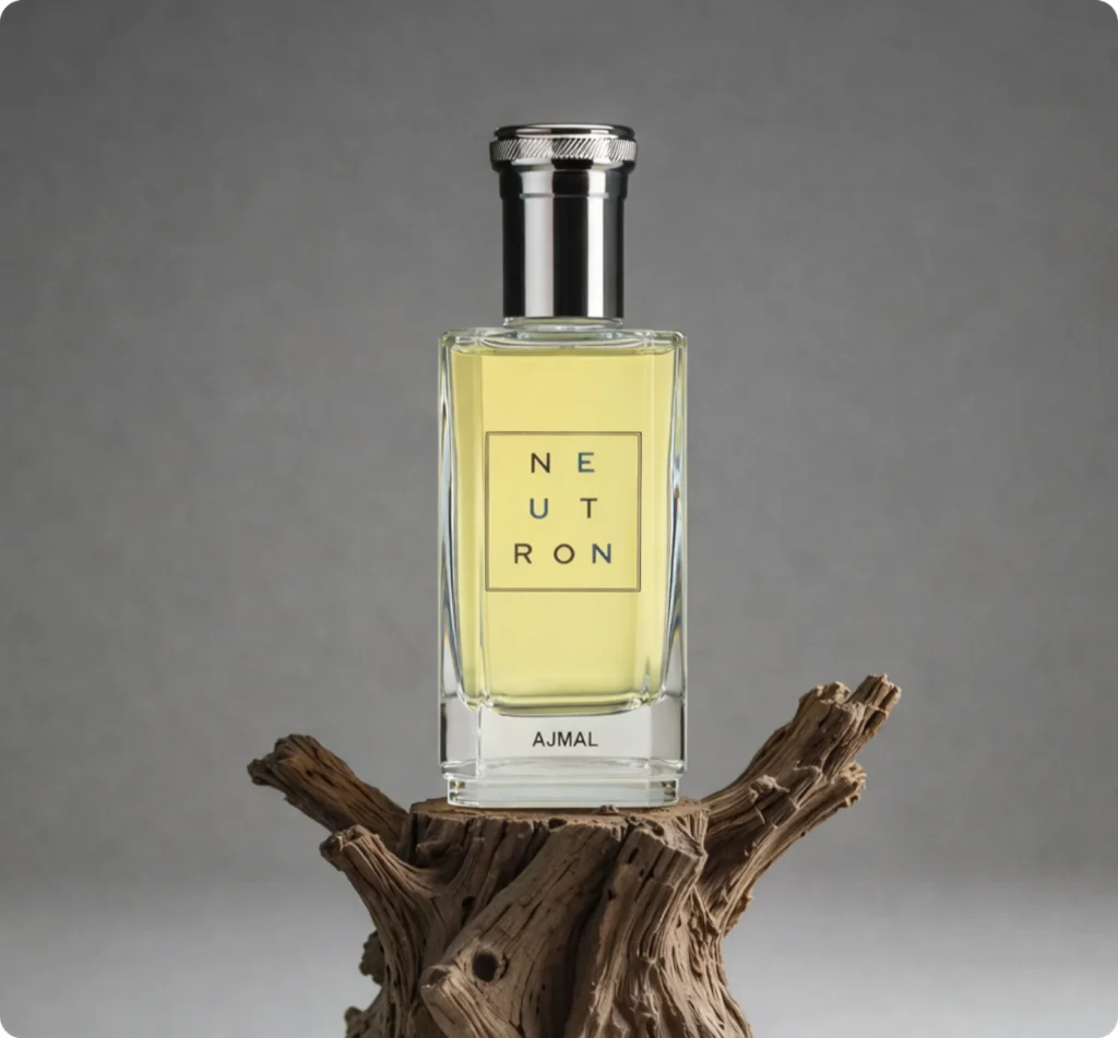A yellow perfume bottle placed on a piece of rustic wood for a product photoshoot inside a professional studio.