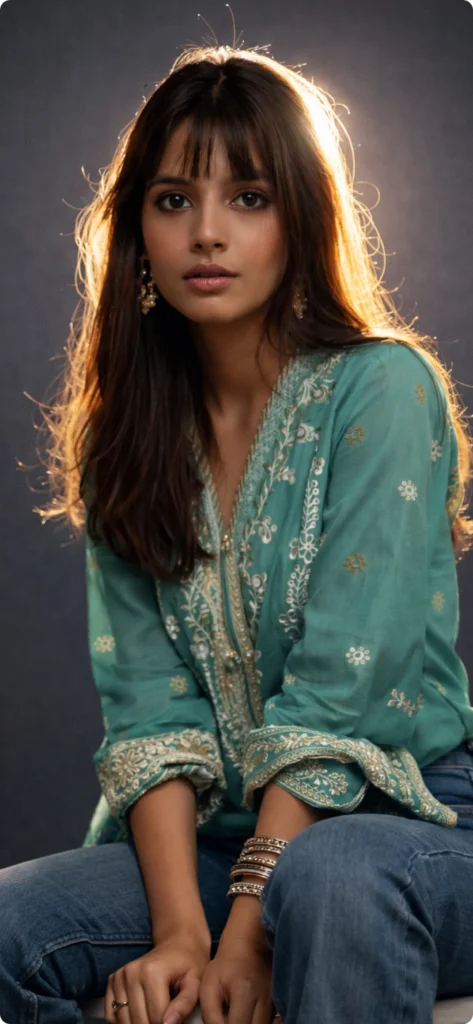 A woman with dark wavy hair, wearing a teal green embroidered traditional dress, poses for a portrait inside a professional photo studio in Lahore.