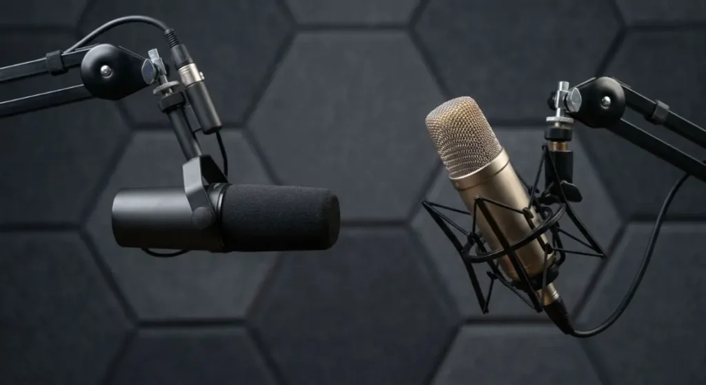 dynamic vs condenser microphone podcasting untreated room noise rejection Lahore