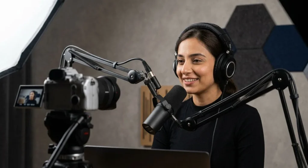 professional content creator studio Gulberg Lahore host dynamic mic camera setup. professional studio setup for rent in lahore