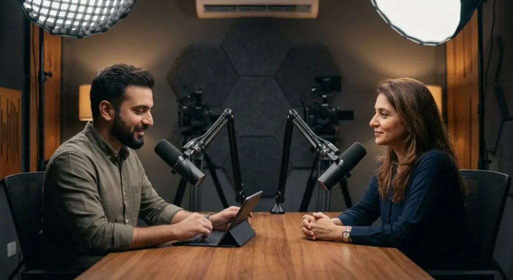 professional interview podcast recording Lahore studio host guest