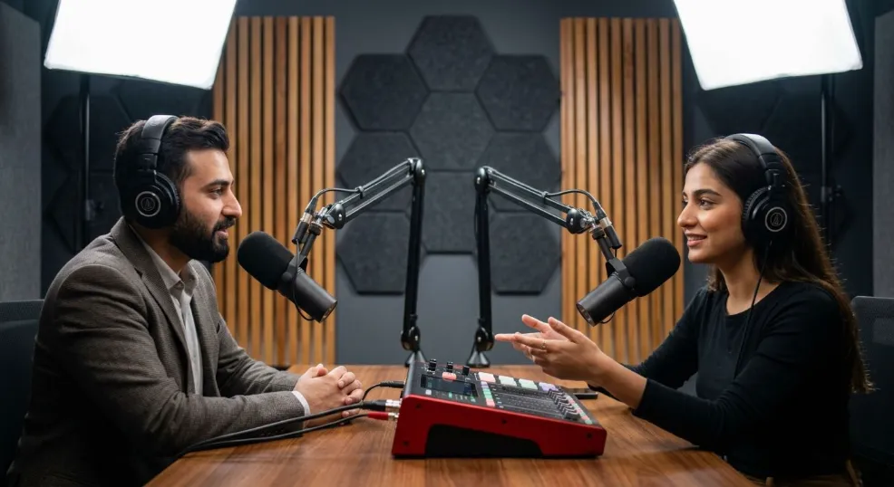 professional interview podcast recording at podcast room in Lahore studio host guest dynamic mic at delenzo studio