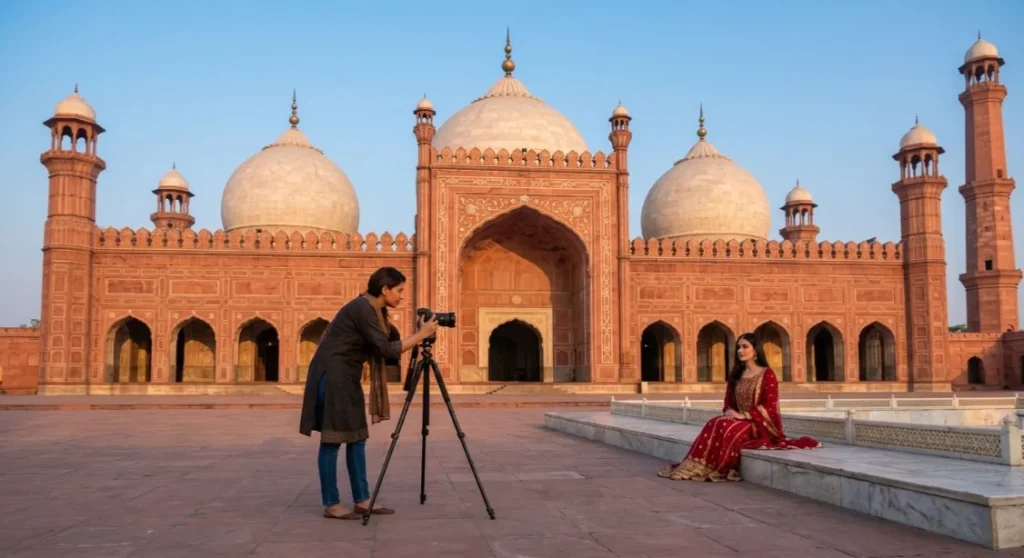 professional photoshoot Lahore heritage locations Badshahi Mosque model photographer