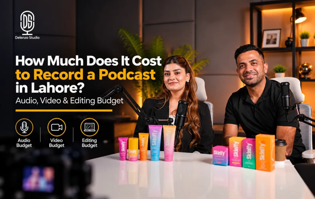 Podcast recording cost in Lahore comparison guide showing audio, video, editing prices and studio setup packages at Delenzo Studio