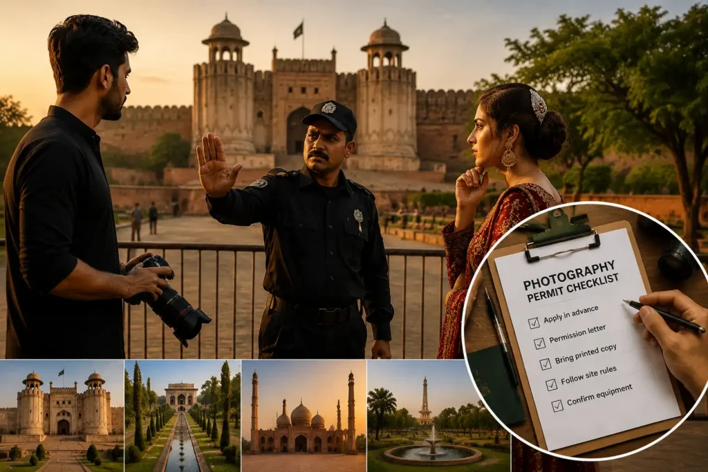 A bridal shoot at Lahore Fort showing a couple posing against the historic Mughal architecture, organized by Delenzo Studio