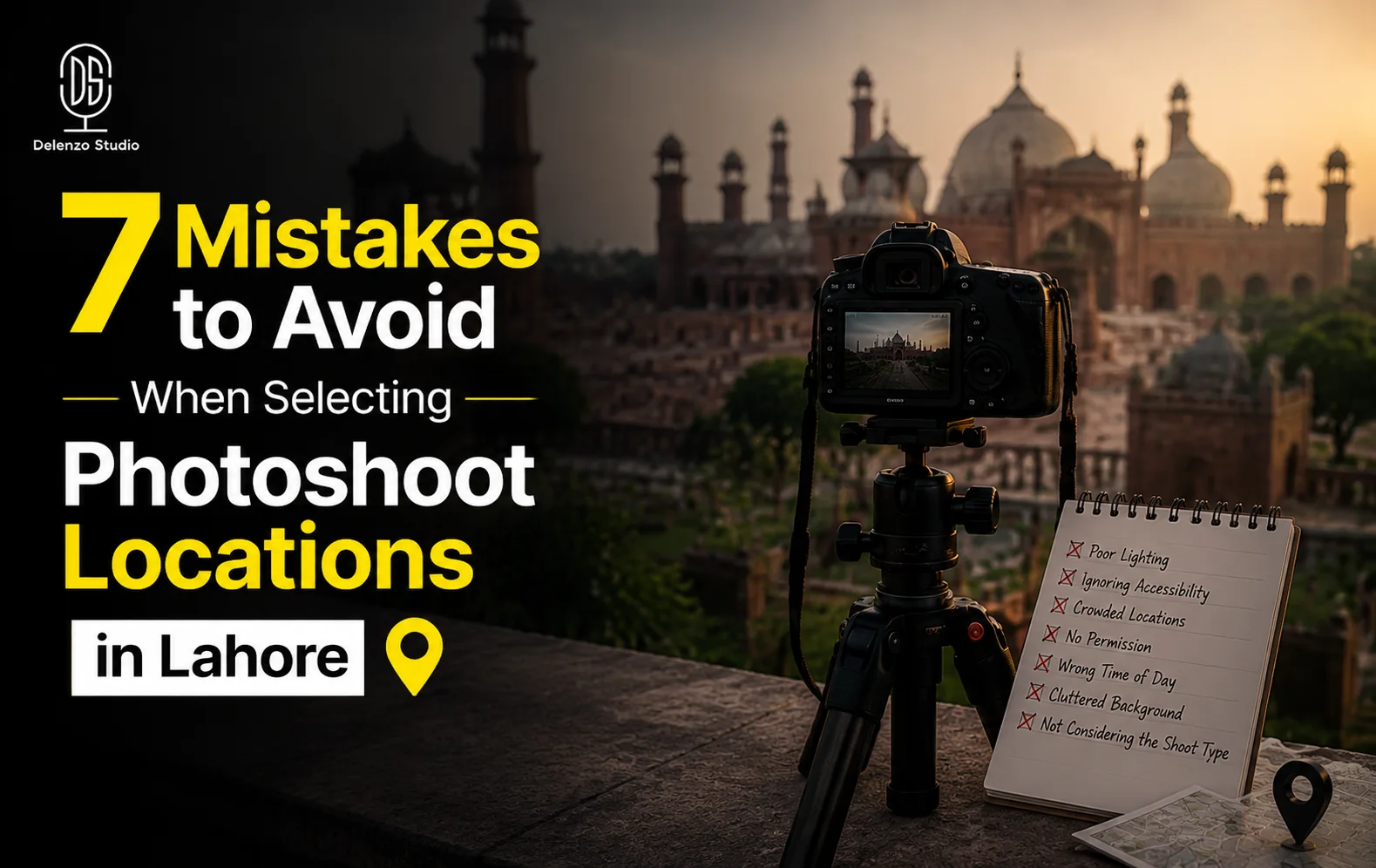 Featured banner for Delenzo Studio blog highlighting key photoshoot locations in Lahore and common planning mistakes to avoid
