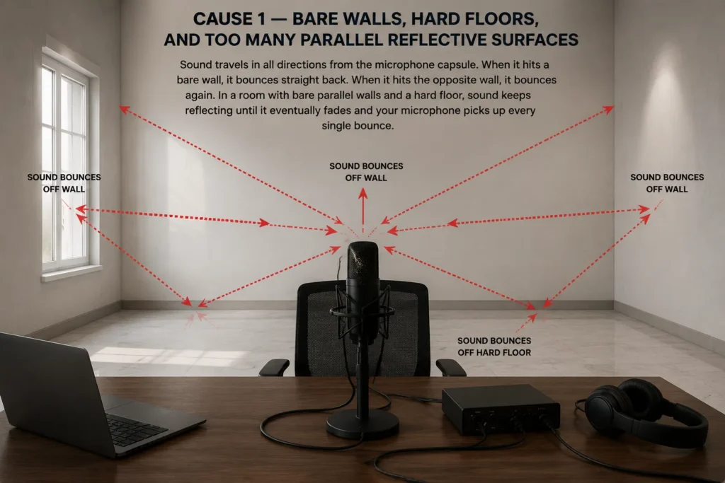 A professional microphone setup in an untreated room with hard surfaces, demonstrating why a podcast has an echo.
