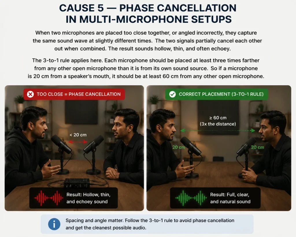 Two microphones placed close together, illustrating phase cancellation which creates a hollow podcast echo effect.