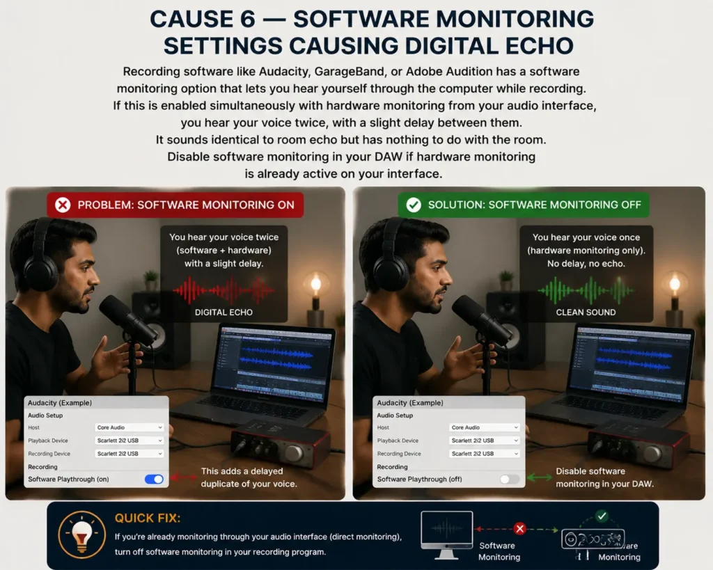 An audio software interface showing monitoring options that can cause a digital podcast echo