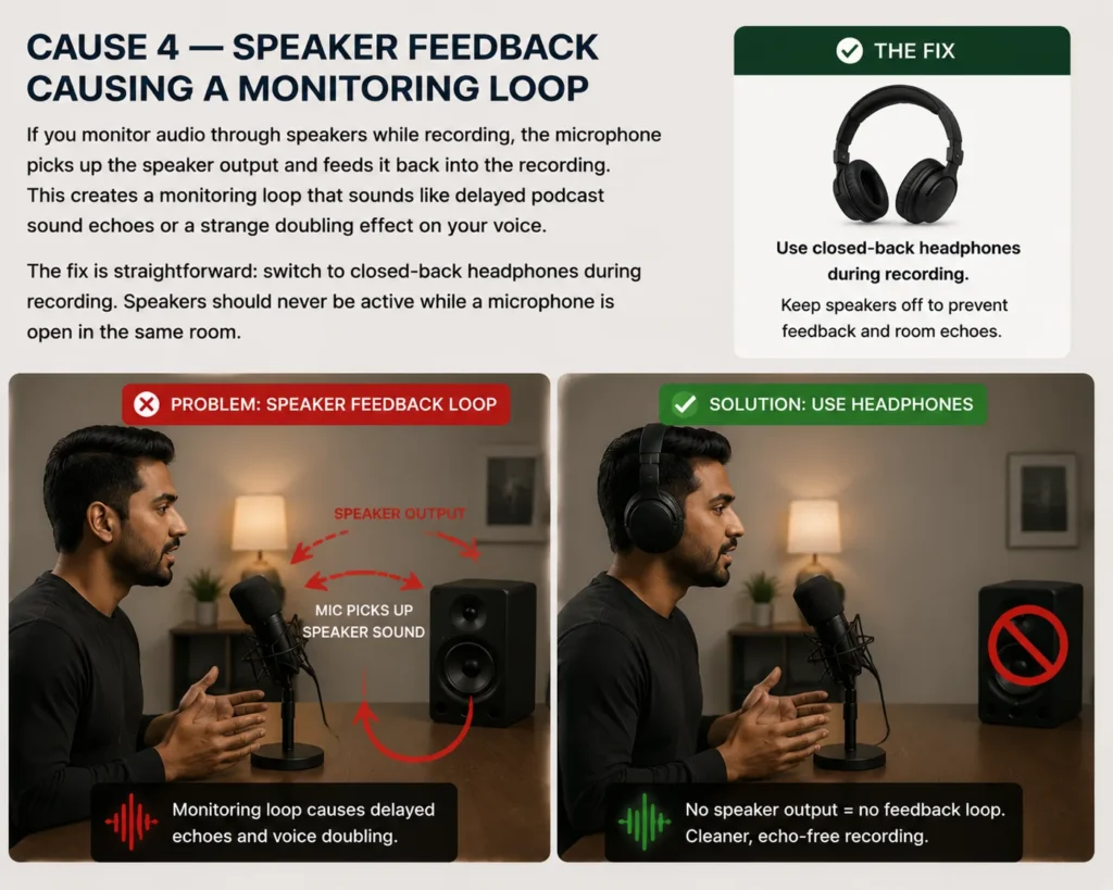 A recording setup illustrating speaker feedback looping back into the microphone, which creates a digital podcast echo.