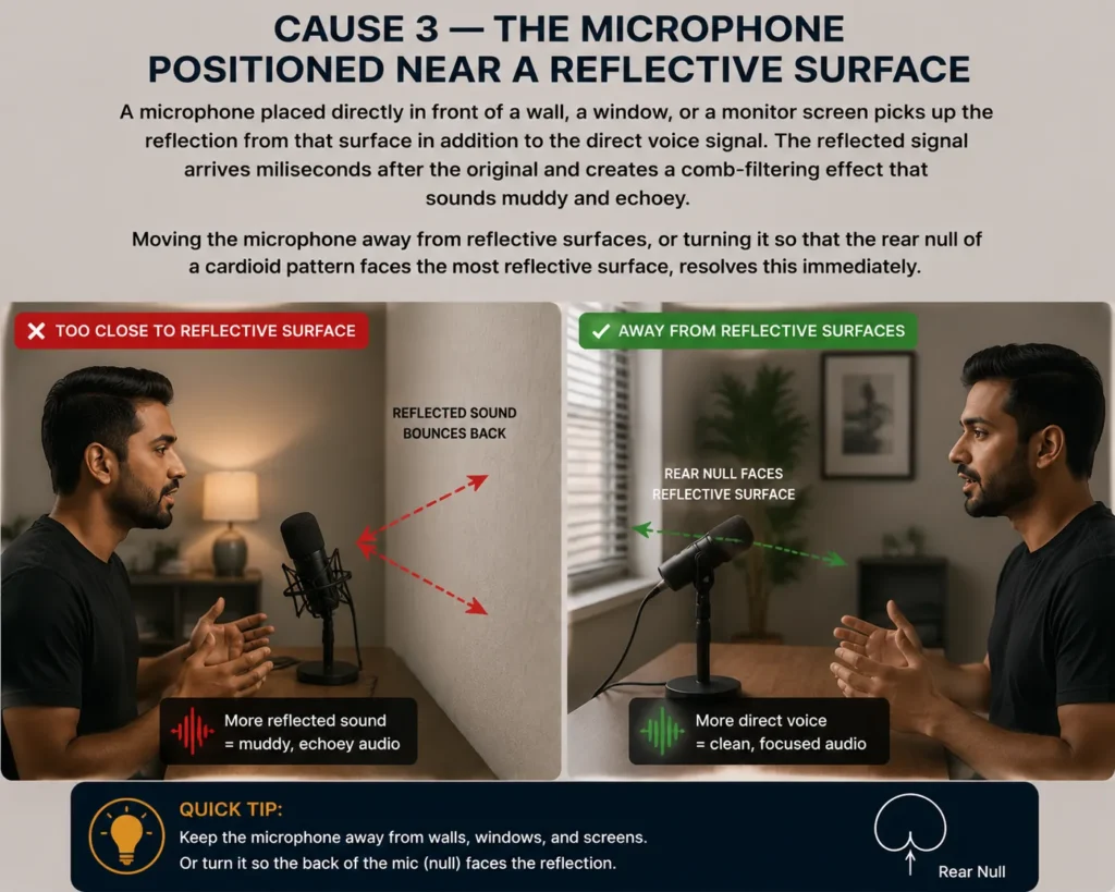 A microphone placed near a flat wall surface, showing how sound bounces back and causes a podcast has an echo issue.