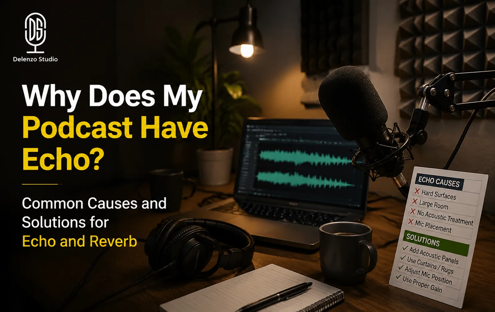 A professional podcasting setup with a microphone and headphones, explaining why a podcast has an echo and how to fix it.