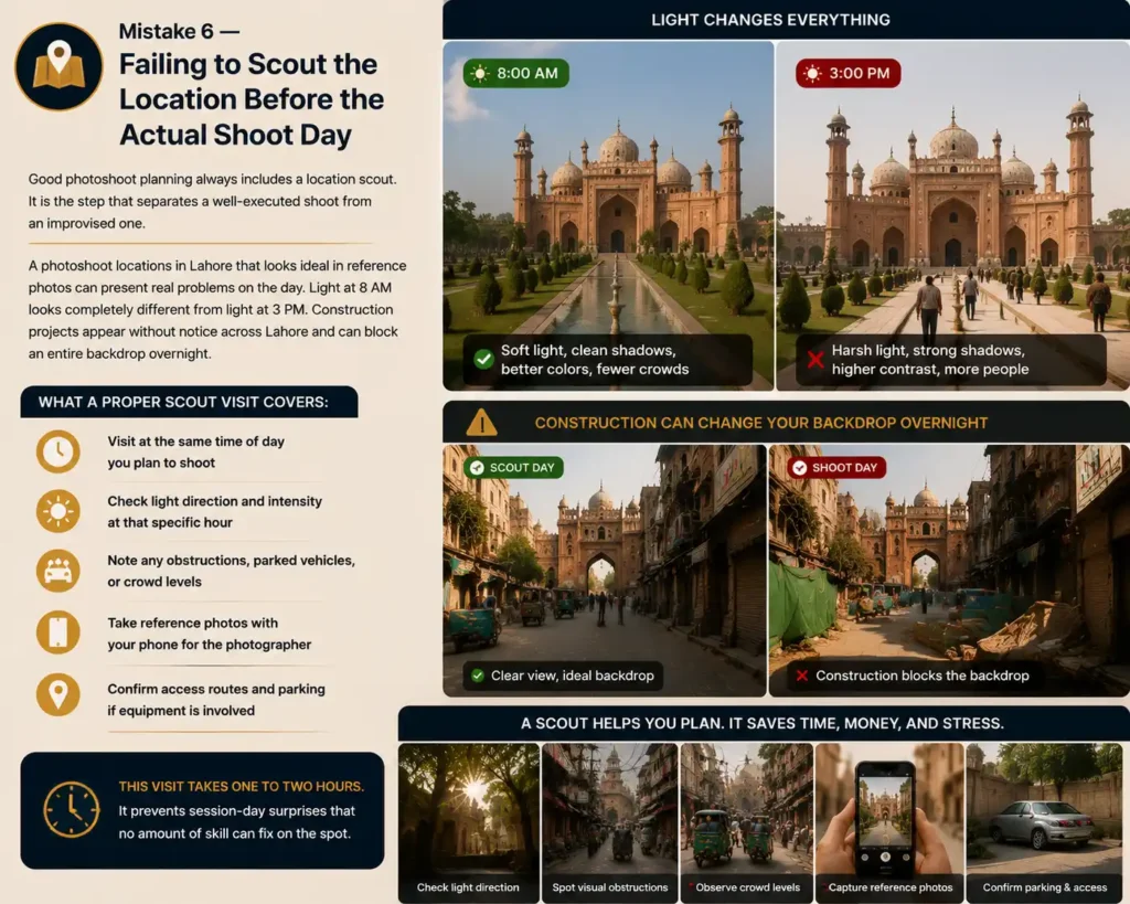 A location scouting checklist by Delenzo Studio explaining how to prepare before visiting outdoor photoshoot locations in Lahore.