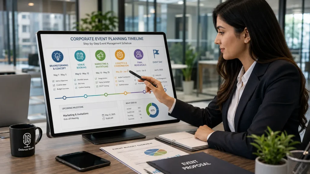 Corporate event planning timeline displayed on a tablet in Lahore