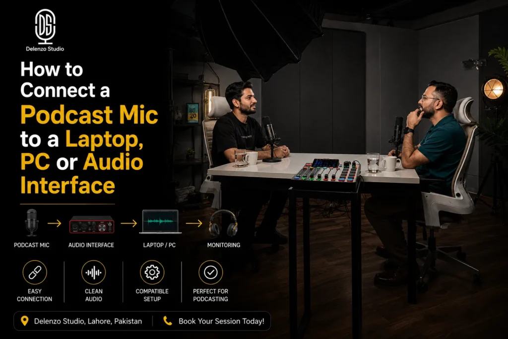 How to connect a podcast mic to a laptop setup guide graphic