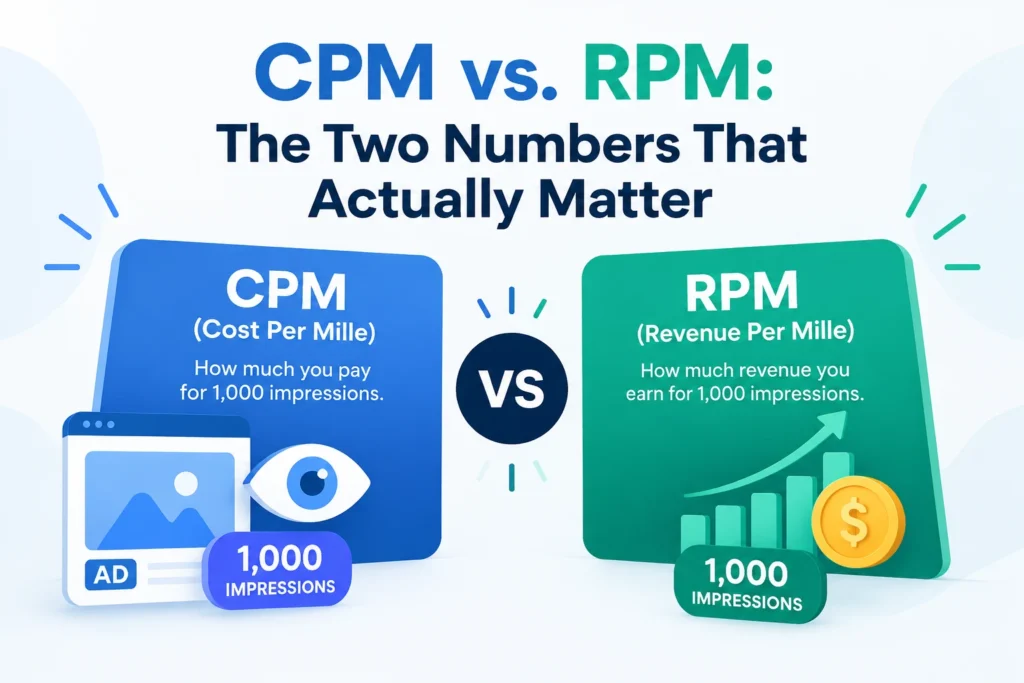 CPM vs RPM YouTube comparison chart showing advertiser spend versus creator revenue per 1000 views.