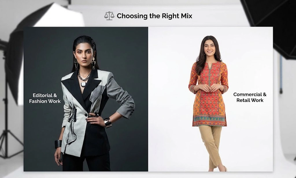 Split comparison of model portfolio looks showing high fashion editorial jacket styling on dark backdrop versus clean commercial outfit on light background
