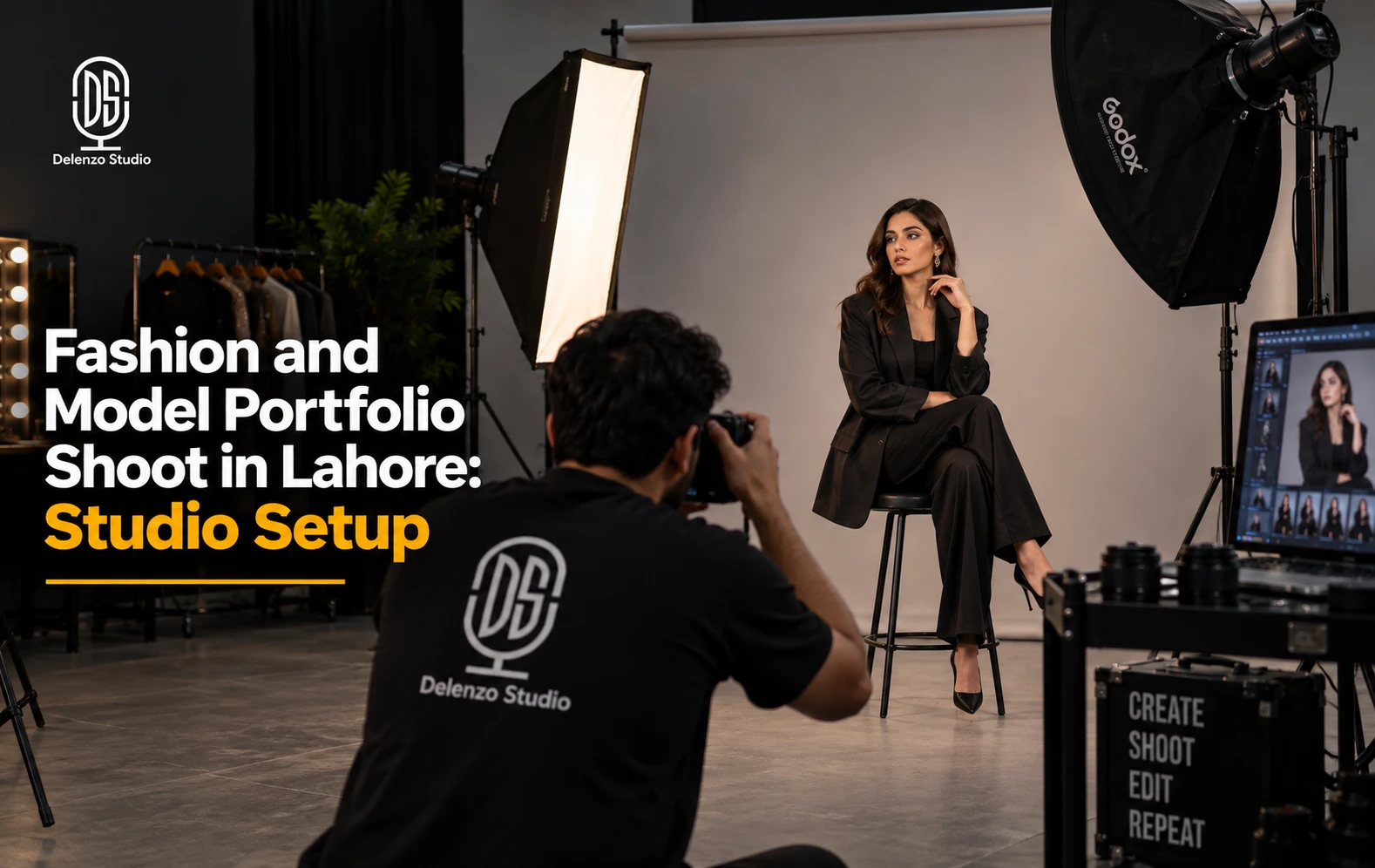 Studio setup for a model portfolio shoot in Lahore with lighting equipment and Delenzo Studio branding