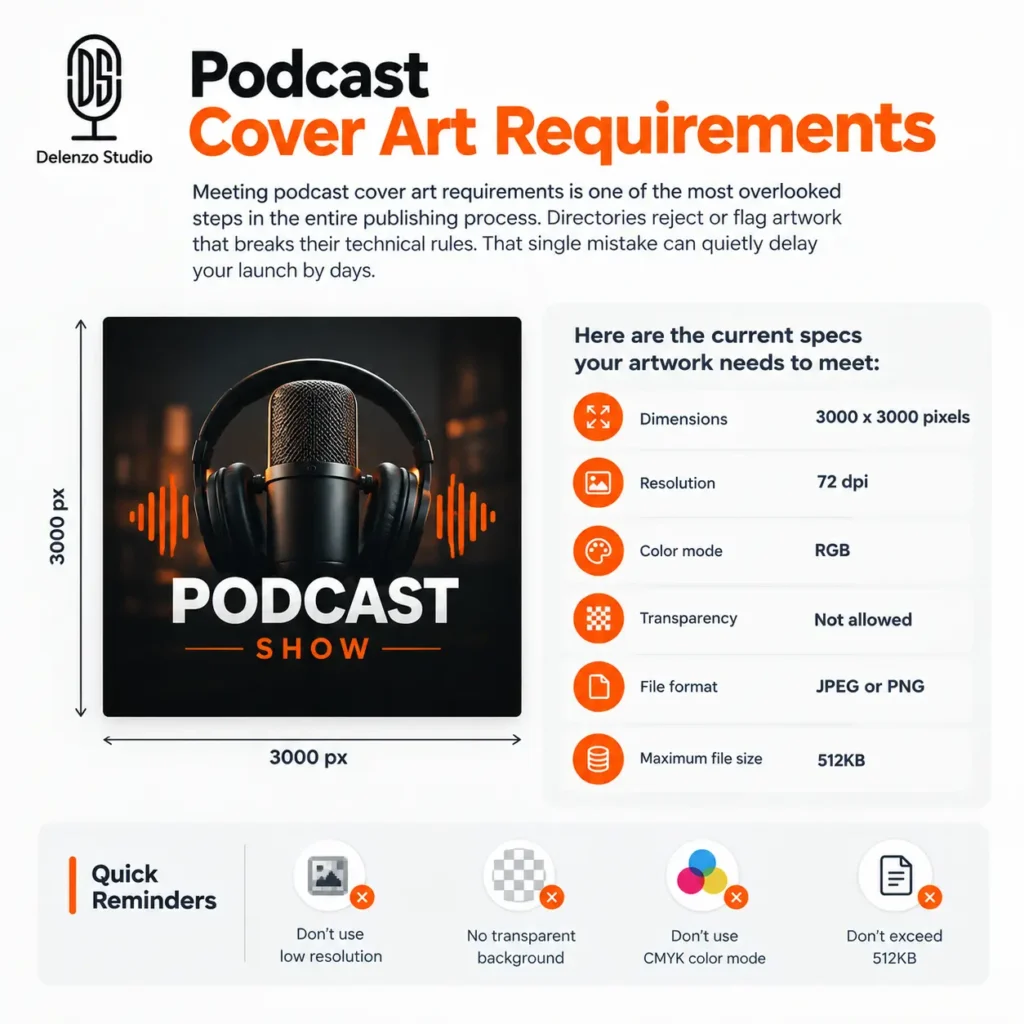 Podcast cover art requirements and design guidelines infographic