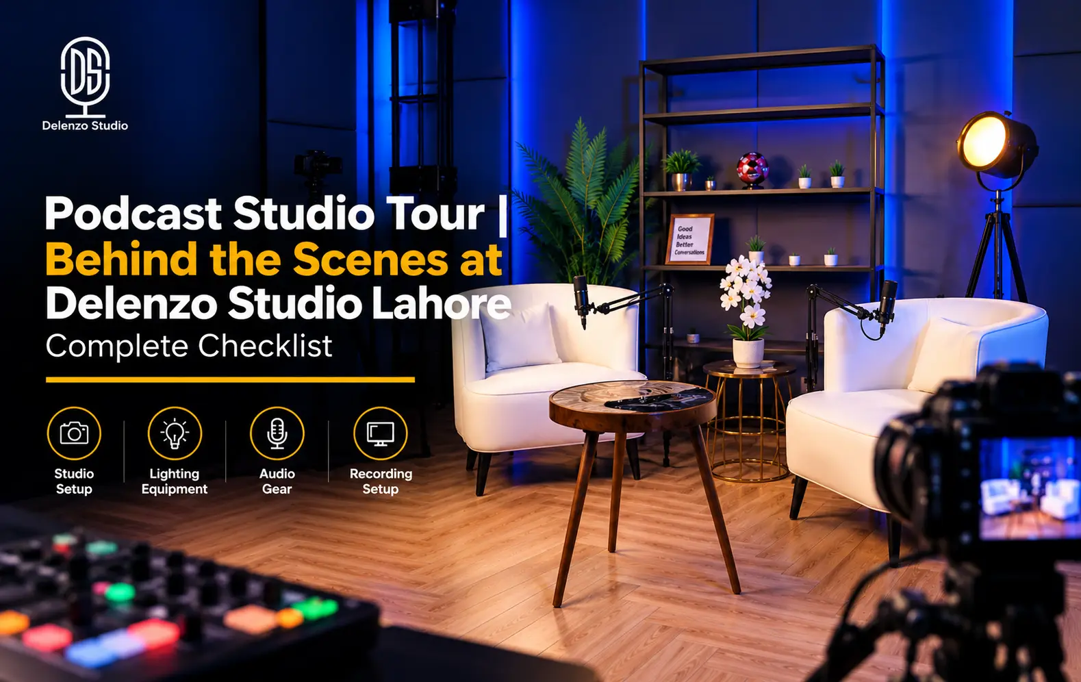 Podcast studio tour setup and equipment inside Delenzo Studio Lahore