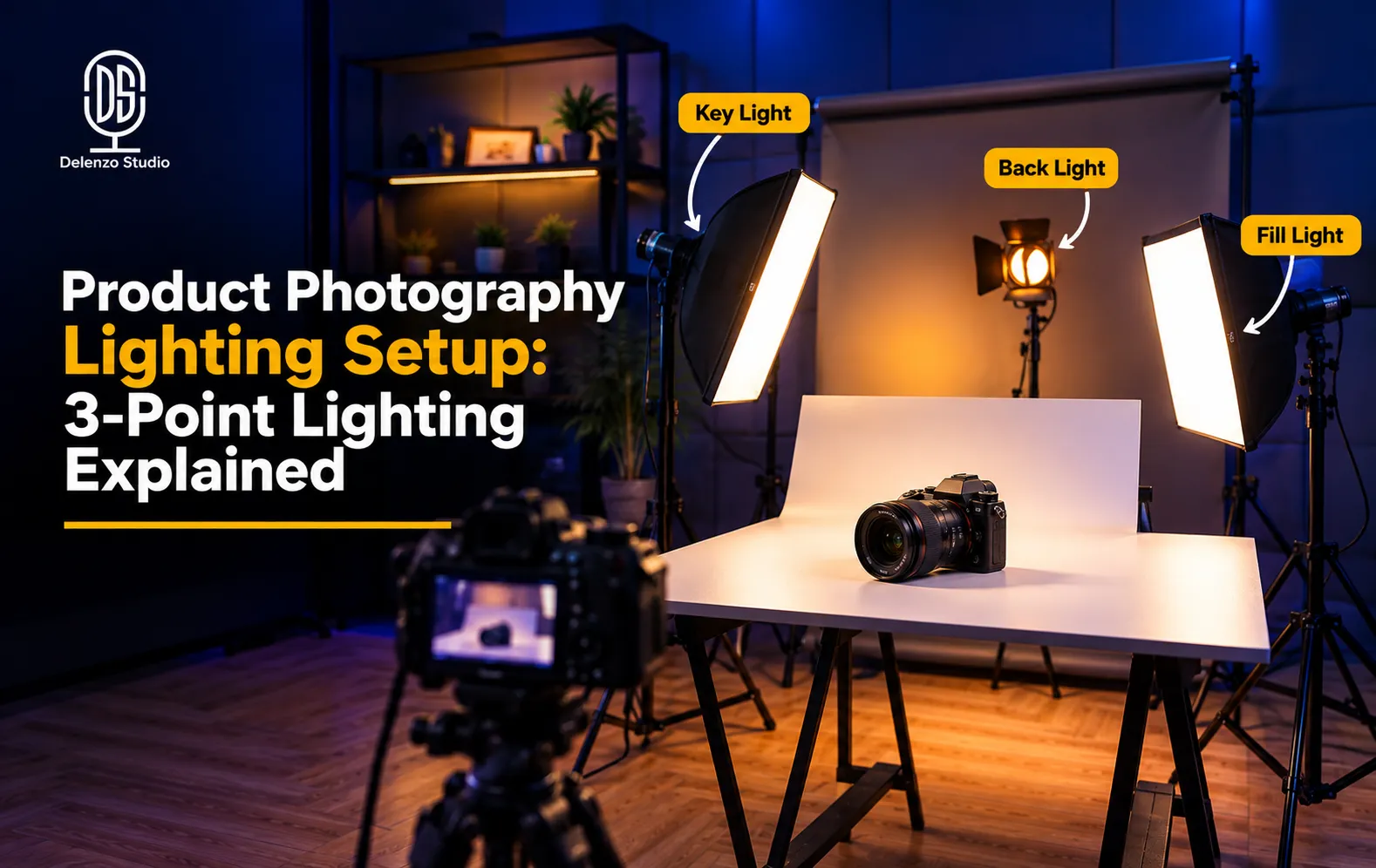 3-point lighting setup for product photography showing key fill and backlight angles