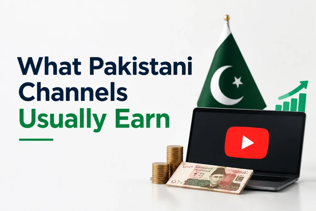 Pakistani YouTube channel earnings comparison graphic showing Urdu content RPM vs US audience RPM.