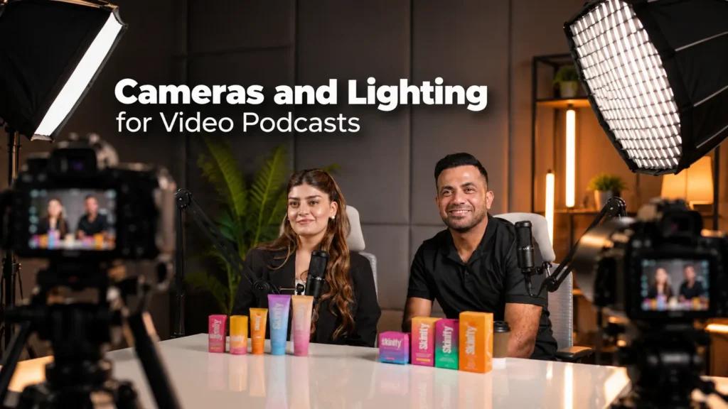Cameras and lighting for video podcasts showing multi-camera angles and soft key lights at Delenzo Studio
