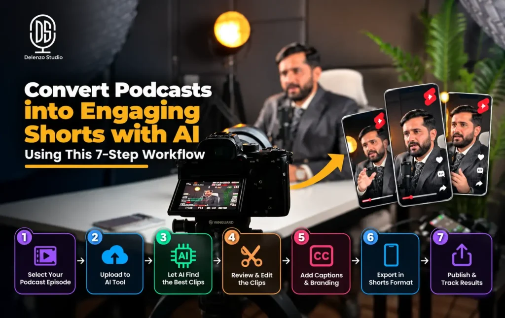 Convert podcasts into engaging shorts with AI using a 7-step workflow at Delenzo Studio.
