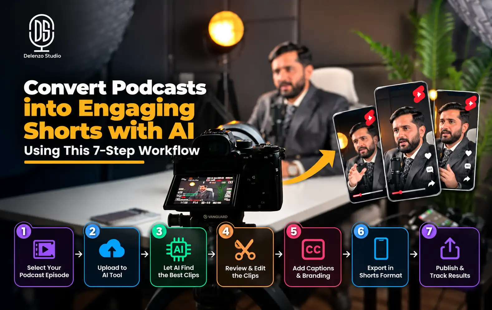Convert podcasts into engaging shorts with AI using a 7-step workflow at Delenzo Studio.