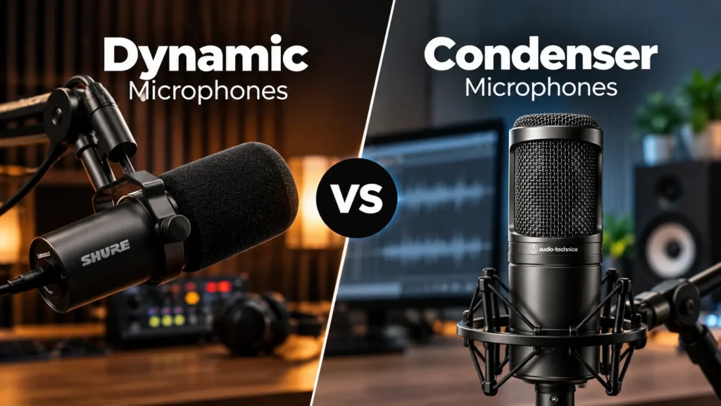 Dynamic vs condenser microphones comparison showing polar patterns and studio recording setups at Delenzo Studio