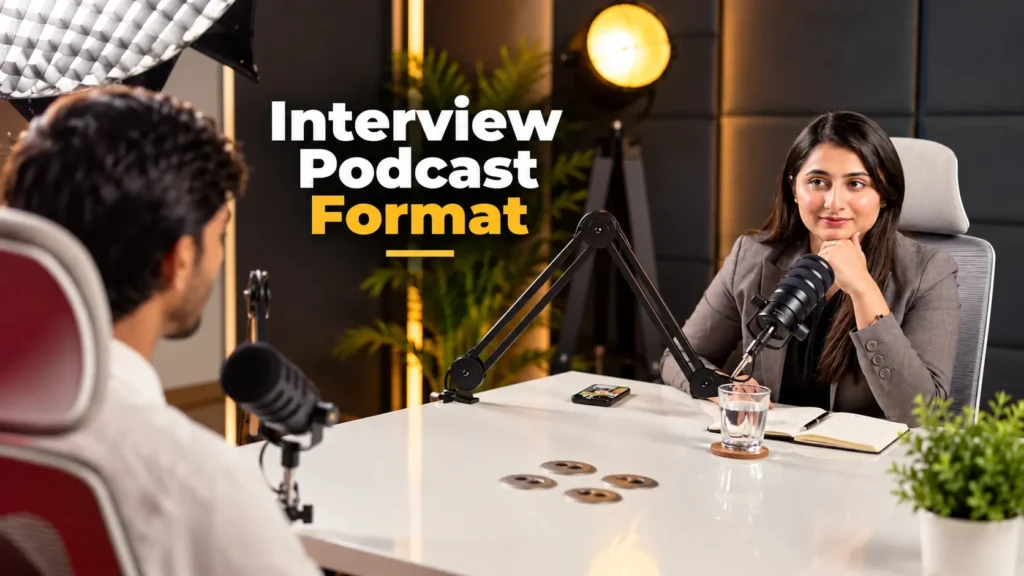 Podcast studio in Lahore featuring an interview podcast format setup with two professional microphones and dual camera angles at
Delenzo Studio