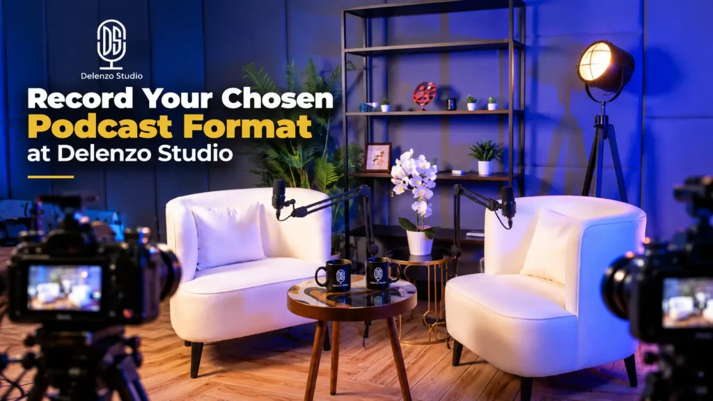 Podcast studio in Lahore featuring multiple recording formats and setups at Delenzo Studio
