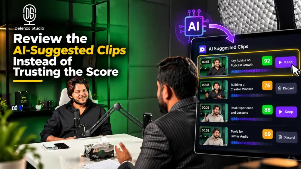 Review the AI-suggested clips instead of trusting the score in the AI clipping tool interface at Delenzo Studio