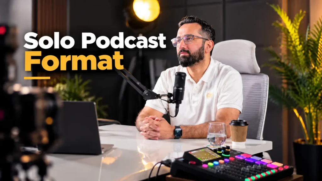 Podcast studio in Lahore featuring a solo podcast format setup with a professional microphone and clean acoustic background at
Delenzo Studio