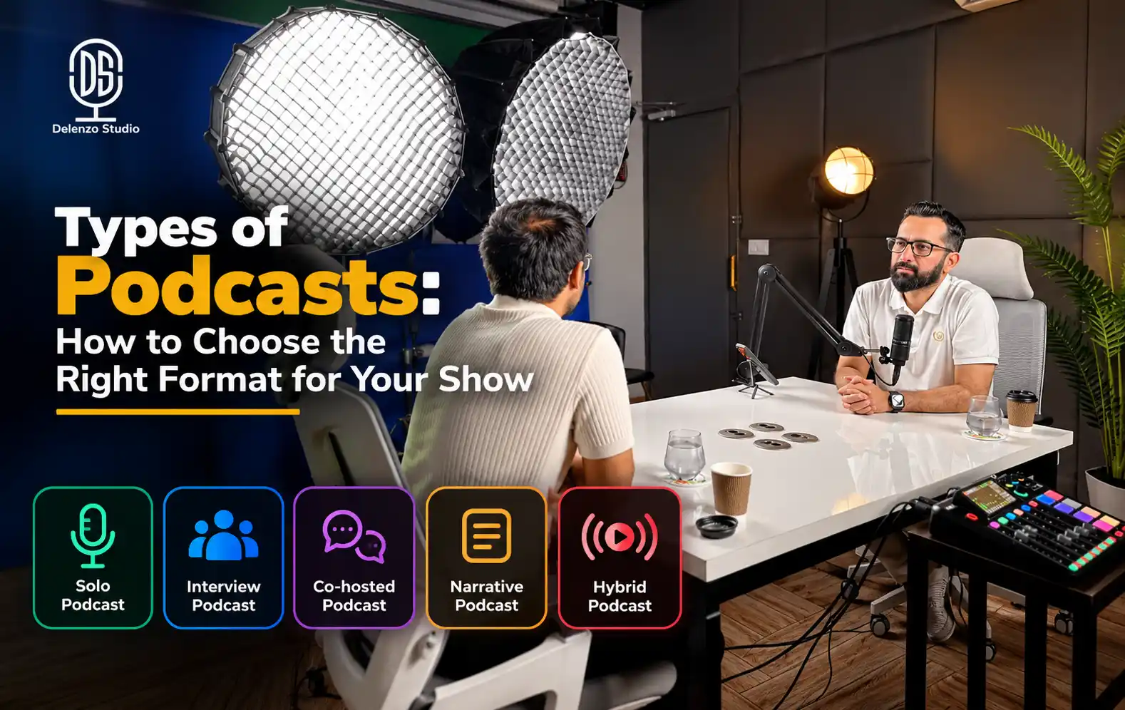Podcast studio in Lahore featuring complete audio and video setup with professional microphones and lighting at Delenzo Studio